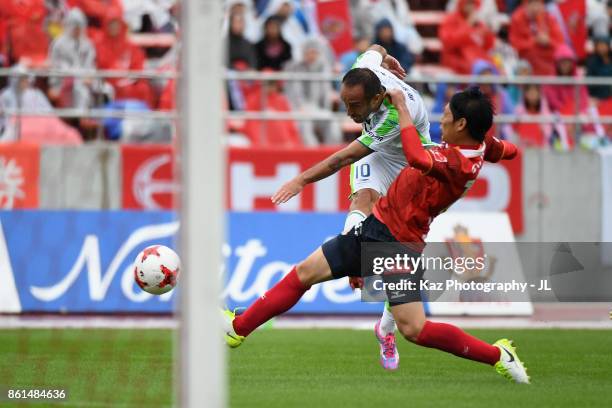 Dragan Mrdja of Shonan Bellmare shoots at goal during the J.League J2 match between Nagoya Grampus and Shonan Bellmare at Paroma Mizuho Stadium on...