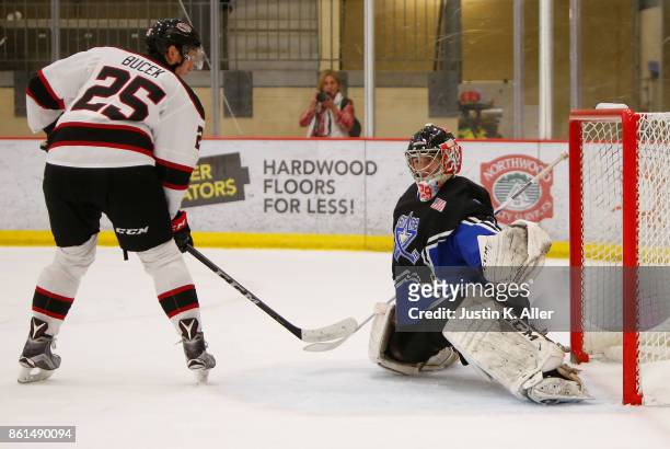 Tomas Vomacka of the Lincoln Stars makes a save on a shot by tends net during the game against Samuel Bucek of the the Chicago Steel on Day 2 of the...