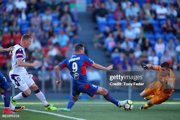 Roy O'Donovan of the Jets beats Glory goalkeeper Liam Reddy to score a goal during the round two A-League match between the Newcastle Jets and the...