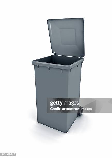 ilustraciones, imágenes clip art, dibujos animados e iconos de stock de grey garbage can or dustbin with open lid - bin