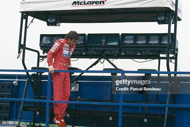 Brazilian racing driver Ayrton Senna at the European Grand Prix at Donnington Park, 11th April 1993. Senna won the race in a McLaren-Cosworth.