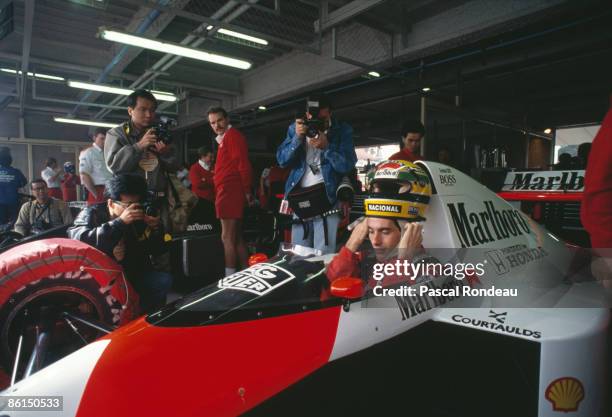 Brazilian racing driver Ayrton Senna in his McLaren-Honda at the Japanese Grand Prix at the Suzuka circuit, 22nd October 1989. Senna finished in...