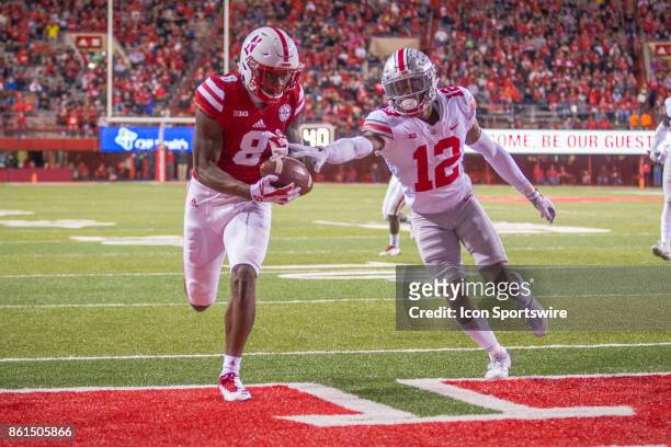 Nebraska Cornhuskers wide receiver Stanley Morgan Jr. Makes a catch for a touchdown against Ohio State Buckeyes cornerback Denzel Ward on October 14,...