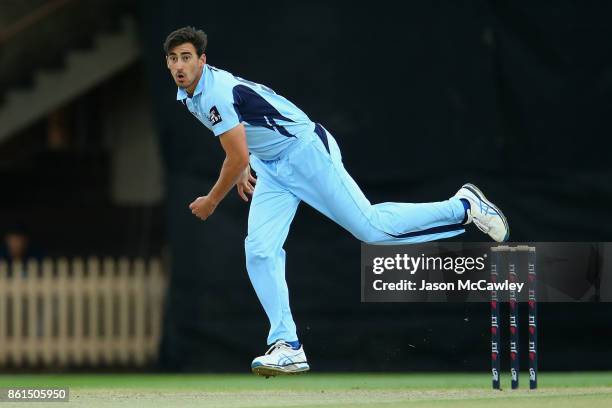 Mitchell Starc of NSW bowls during the JLT One Day Cup match between New South Wales and Victoria at North Sydney Oval on October 15, 2017 in Sydney,...