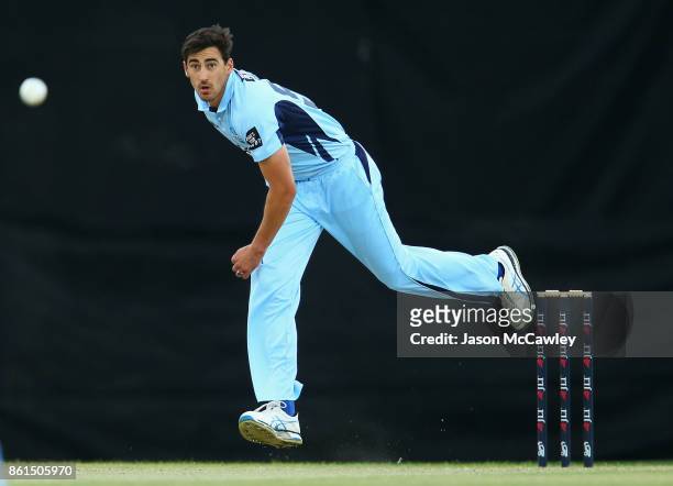 Mitchell Starc of NSW bowls during the JLT One Day Cup match between New South Wales and Victoria at North Sydney Oval on October 15, 2017 in Sydney,...