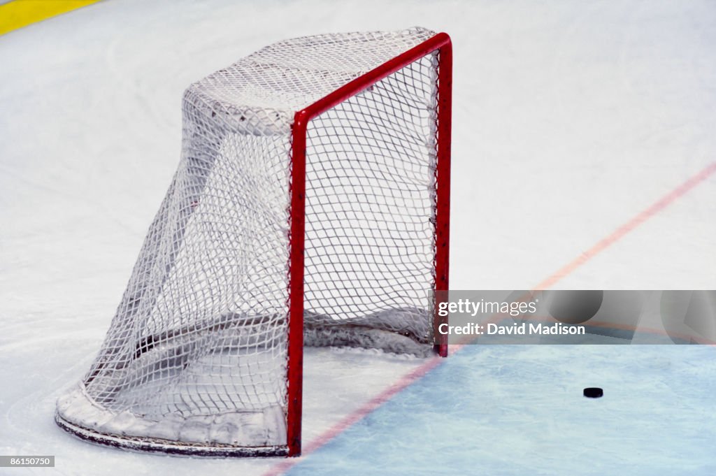 Ice hockey goal and puck.