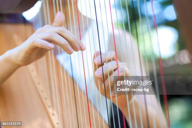 femme jouant harpe à l’extérieur - harpe photos et images de collection