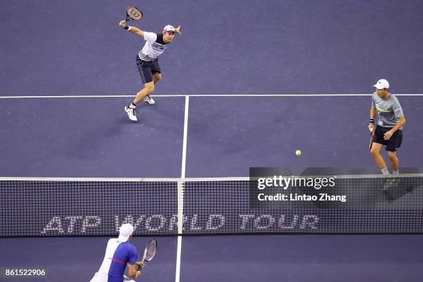 Henri Kontinen of Finland and John Peers of Australia in action duirng the Men's doubles final match against Marcelo Melo of Brazil and Lukasz Kubot...