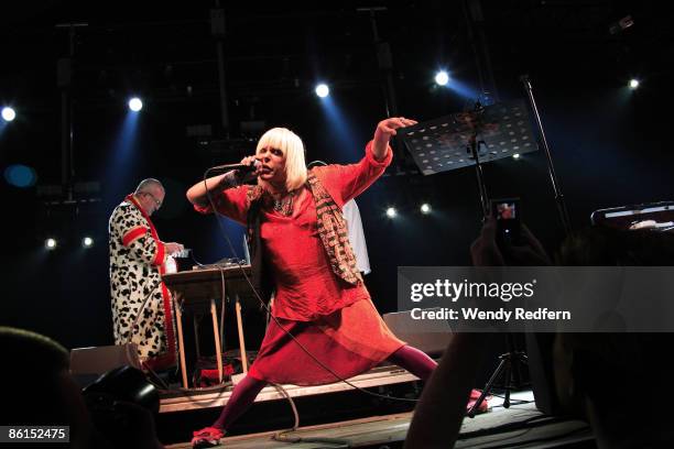 Peter Christopherson and Genesis P. Orridge of Throbbing Gristle perform on stage at Coachella Festival 2009 at Empire Polo Field on April 19, 2009...