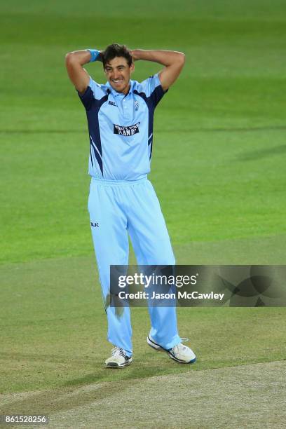Mitchell Starc of NSW reacts during the JLT One Day Cup match between New South Wales and Victoria at North Sydney Oval on October 15, 2017 in...
