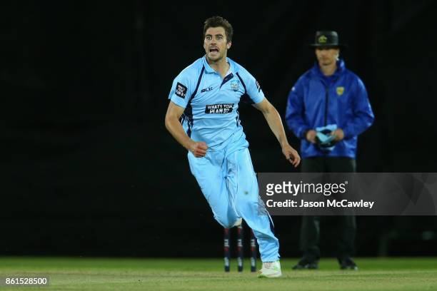 Pat Cummins of NSW bowls during the JLT One Day Cup match between New South Wales and Victoria at North Sydney Oval on October 15, 2017 in Sydney,...
