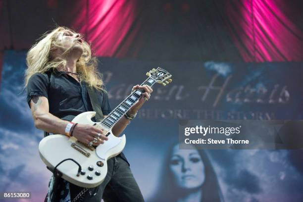 Lauren Harris performing live with guitarist Richie Faulkner at the Sziget Music Festival, Budapest, Hungary on August 12 2008