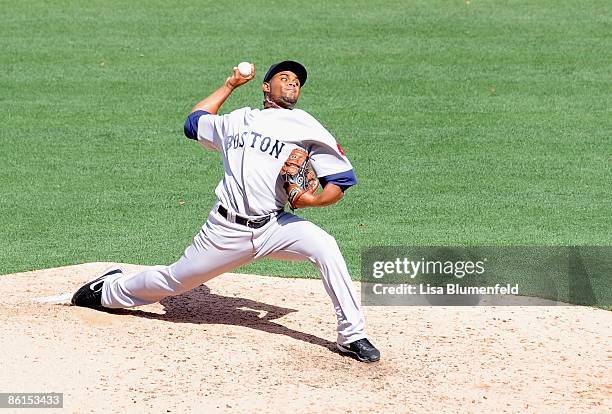 Ramon Ramirez of the Boston Red Sox pitches against the Los Angeles Angels of Anaheim on April 11, 2009 in Anaheim, California.