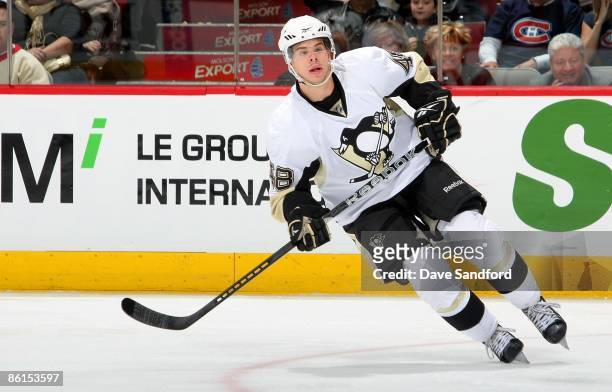 Tyler Kennedy of the Pittsburgh Penguins skates against the Montreal Canadiens during the NHL game at the Bell Centre on April 11, 2009 in Montreal,...