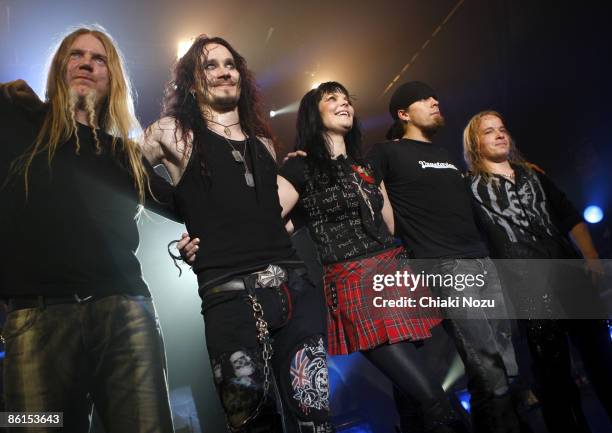 Musician Anette Olzon, Tuomas Holopainen, Marco Hietala, Jukka Nevalainen and Emppu Vuorinen of Nightwish on stage during the Nightwish Concert March...
