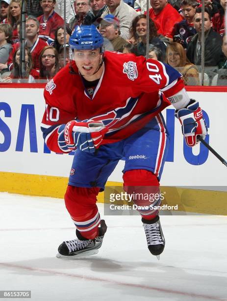 Maxim Lapierre of the Montreal Canadiens skates against the Pittsburgh Penguins during the NHL game at the Bell Centre on April 11, 2009 in Montreal,...
