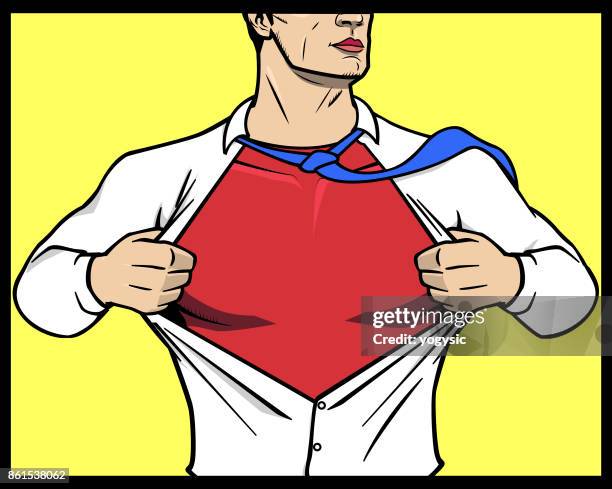 vektor superhelden transformation eröffnung shirt - oberhemd stock-grafiken, -clipart, -cartoons und -symbole