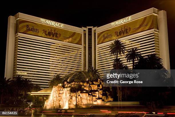 The Mirage Hotel and volcano is seen from ground level on the Las Vegas Strip in this 2009 Las Vegas, Nevada, night time exterior photo.