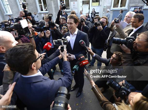 Austria's Foreign Minister and leader of Austria's centre-right People's Party Sebastian Kurz talks with journalists in front of a polling station...