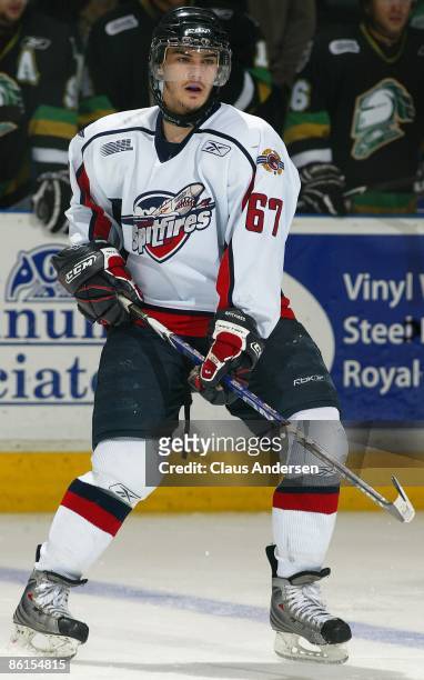 Eric Wellwood of the Windsor Spitfires skates in Game Two of the Western Conference Championship against the London Knights on April 17, 2009 at the...