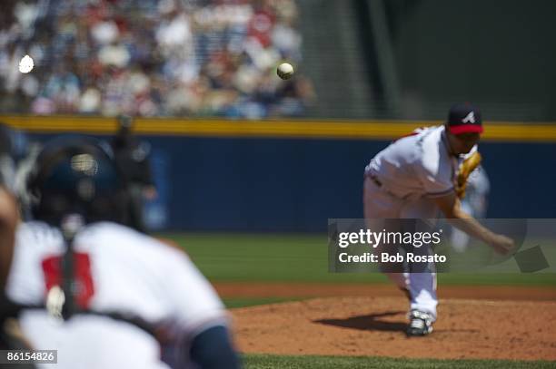 View of ball between pitcher and batter thrown by Atlanta Braves Kenshin Kawakami during game vs Florida Marlins. Atlanta, GA 4/16/2009 CREDIT: Bob...