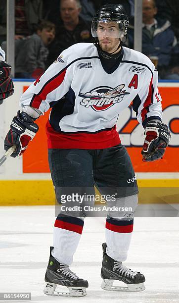 Adam Henrique of the Windsor Spitfires skates in Game Two of the Western Conference Championship against the London Knights on April 17, 2009 at the...