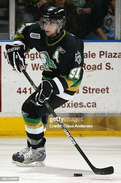 Nazem Kadri of the London Knights skates with the puck in Game Two of the Western Conference Championship against the Windsor Spitfires on April 17,...
