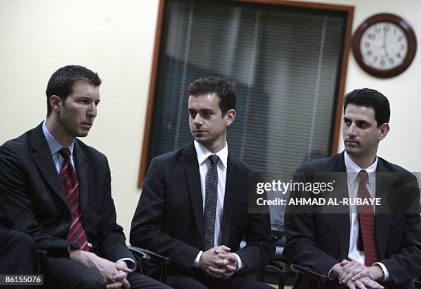 Technology executives seated from left to right:- Raanan Bar-Cohen of Automatic, Jack Dorsey of Twitter and Hunter Walk of You-Tube listen on during...
