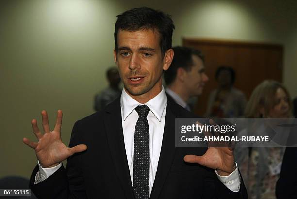 Technology executive Jack Dorsey of Twitter gestures as he speaks following a press conference at the US Embassy in Baghdad's fortified 'Green Zone'...