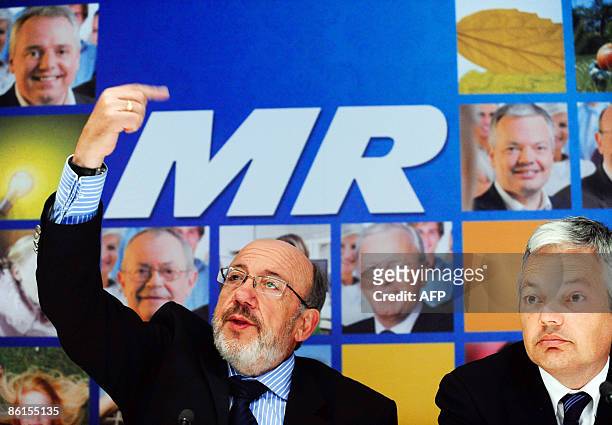 Louis Michel, head of the European List for the Movement Reformateur and MR chairman Didier Reynders, hold a press conference on April 22 to launch...