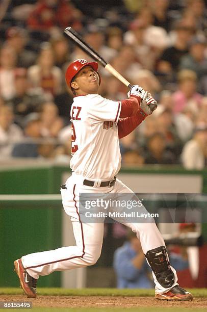 Alberto Gonzalez of the Washington Nationals takes a swing during a baseball game against the Florida Marlins on April 17, 2009 at Nationals Park in...
