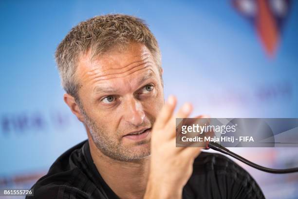 Christian Wueck, Head Coach of Germany gestures during a press conference ahead of the FIFA U-17 World Cup India 2017 tournament at on October 15,...