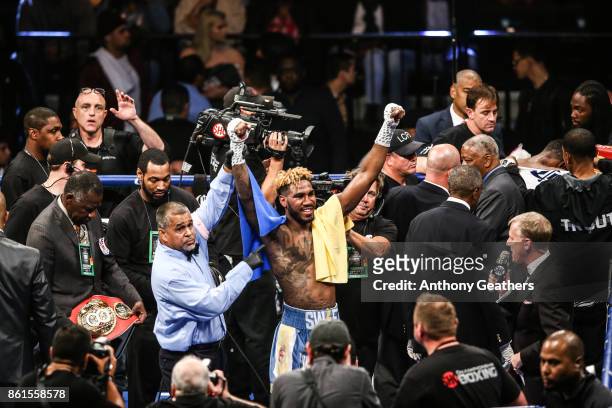 Jarrett Hurd celebrates after defeating Austin Trout in their IBF Junior Middleweight Title bout at Barclays Center of Brooklyn on October 14, 2017...