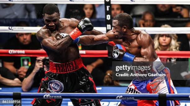 Erislandy Lara fights Terrell Gausha during their WBA Junior Middleweight Title bout at Barclays Center of Brooklyn on October 14, 2017 in New York...