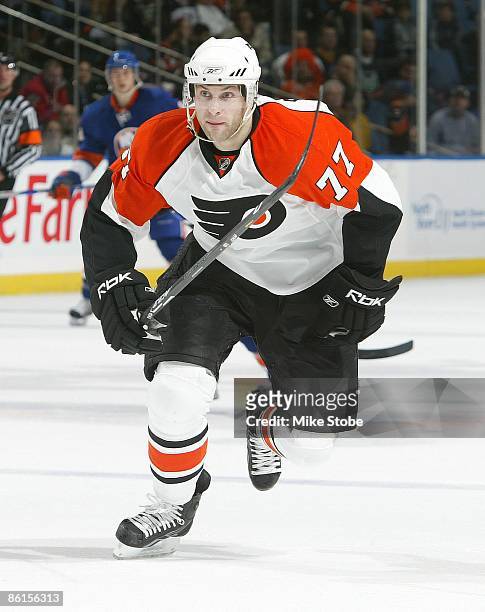 Ryan Parent of the Philadelphia Flyers skates against the New York Islanders on April 11, 2009 at Nassau Coliseum in Uniondale, New York. The Flyers...