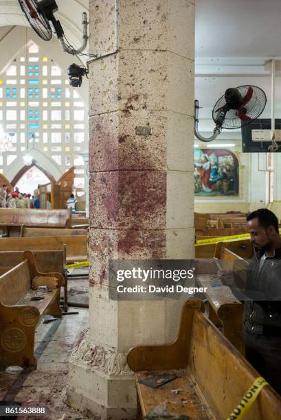 April 09: blood is splattered against a pillar inside the Mar Girgis church where a bomb exploded during Palm Sunday Services on April 09, 2017 in...