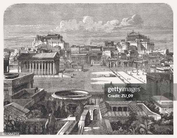ilustraciones, imágenes clip art, dibujos animados e iconos de stock de forum romano y capitolio en la roma antigua, publicado 1886 - roma antigua
