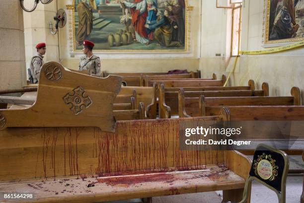 April 09: Blood stains a pew inside the Mar Girgis church where a bomb exploded during Palm Sunday Services on April 09, 2017 in Tanta, Egypt. A...