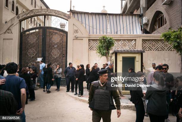 April 10: Mourners gather outside the Mar Girgis church for a funeral April 10, 2017 in Tanta, Egypt. The main funeral was held the night of the...