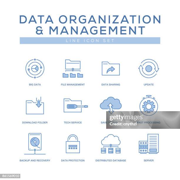 data organization and management line icons set - case manager stock illustrations