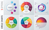 Collection of vector circle chart infographic templates for presentations, advertising, layouts, annual reports. 5 options, steps, parts.