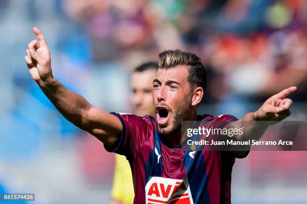 Sergi Enrich of SD Eibar reacts during the La Liga match between SD Eibar and RC Deportivo La Coruna at Ipurua Municipal Stadium on October 15, 2017...