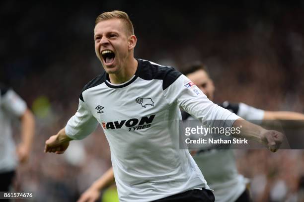 Matej Vydra of Derby celebrates during the Sky Bet Championship match between Derby County and Nottingham Forest at iPro Stadium on October 15, 2017...