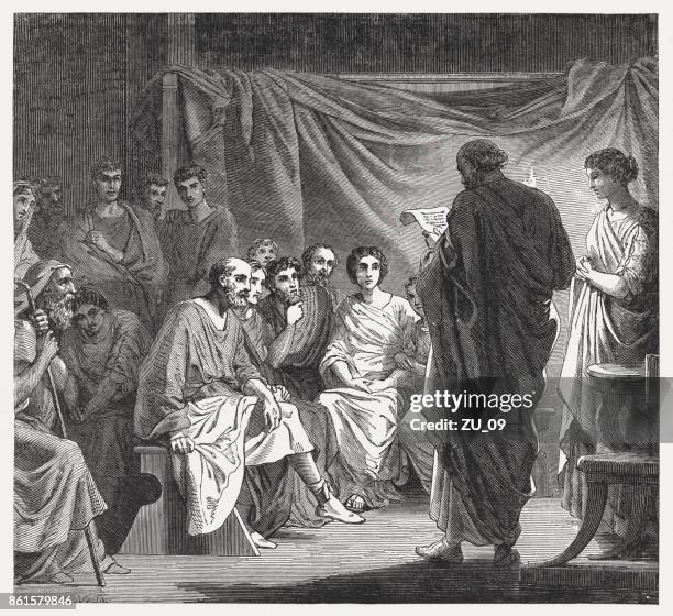 among the first christians, a letter from paul is read - apostle stock illustrations