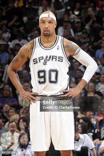 Drew Gooden of the San Antonio Spurs looks on during the game against the New Orleans Hornets at AT&T Center on April 15, 2009 in San Antonio, Texas....