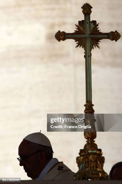 Pope Francis attends a canonisation ceremony at St. Peter's Square on October 15, 2017 in Vatican City, Vatican. Pope Francis declared 33 martyrs and...