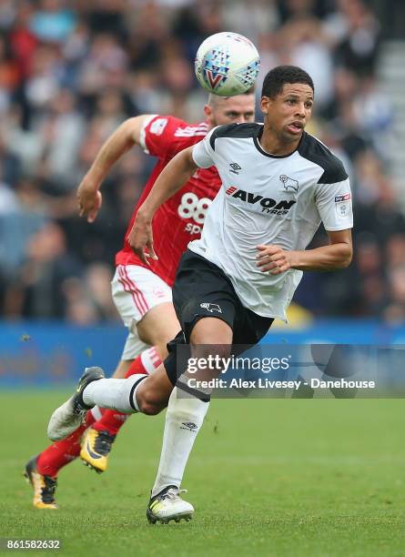 Curtis Davies of Derby County turns away from Daryl Murphy of Nottingham Forest during the Sky Bet Championship match between Derby County and...