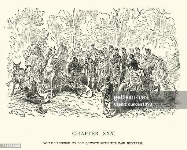 ilustraciones, imágenes clip art, dibujos animados e iconos de stock de lo que sucedió a don quijote con la cazadora justo - don quixote horse