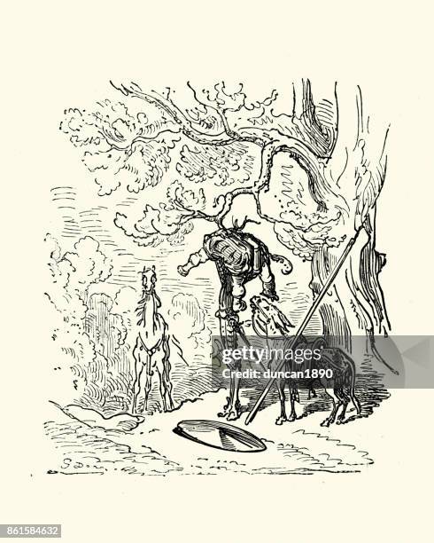 ilustraciones, imágenes clip art, dibujos animados e iconos de stock de don quijote, sancho atascado en un árbol - sancho