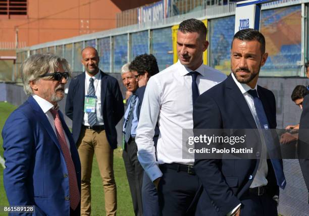 Massimo Ferrero with Christian Puggioni and Fabio Quagliarella before the Serie A match between UC Sampdoria and Atalanta BC at Stadio Luigi Ferraris...